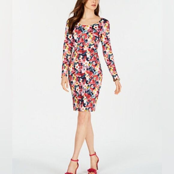 Betsey Johnson Dress Size 10 Long Sleeve Floral Scoop Neck Sheath Stretch - Picture 2 of 11